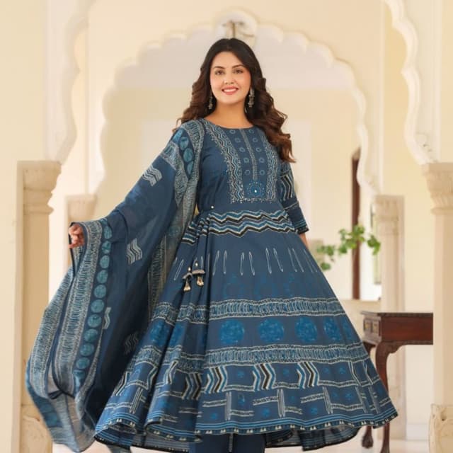 Deep Blue and Teal with White and Black Accents Anarkali Suit with Pants and Dupatta