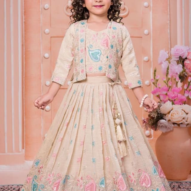 Beige with Pink and Blue embroidery Lehenga Choli with Jacket