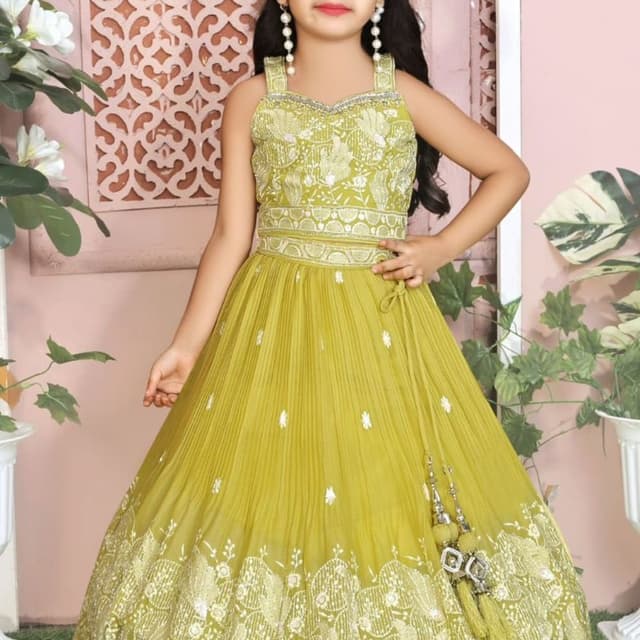 Lime Green with White and Silver embellishments Lehenga Choli