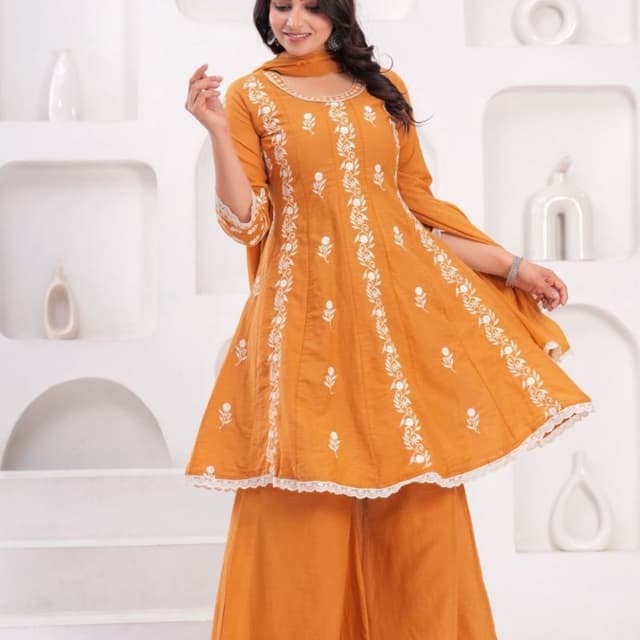 Mustard Yellow with White embroidery Kurta with Palazzo and Dupatta