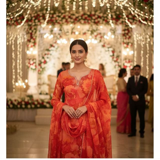 Orange and Red Floral Print Anarkali Suit