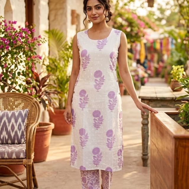 White and Lavender Kurta and Pants Set