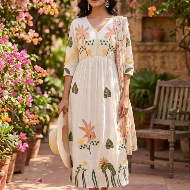 White with floral print in peach, green, and yellow Dress with Dupatta