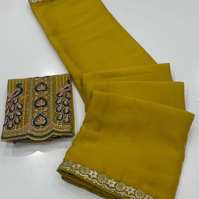 Mustard Yellow, Olive Green, Peach Pink, Silver Saree