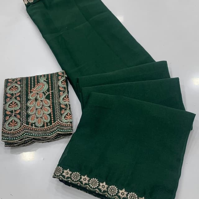 Deep Green with Gold and Teal Embroidery Lehenga fabric with embroidered border and blouse piece