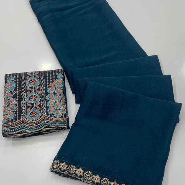 Teal, Blue, Peach, Gold Unstitched Salwar Kameez