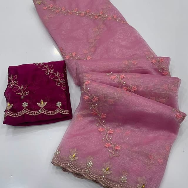 Pink and Magenta Saree and Blouse Piece
