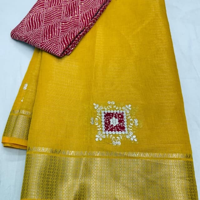 Yellow, Red, White, Gold Saree