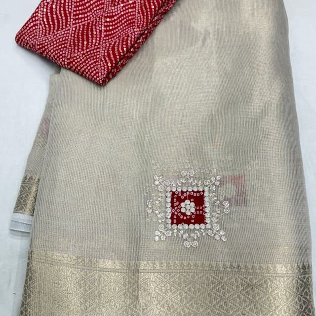 Off-white, Red, Gold Saree with Blouse Piece