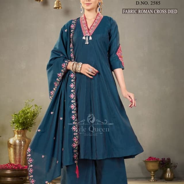 Teal with pink and white embroidery Kurti with Palazzo Pants and Dupatta