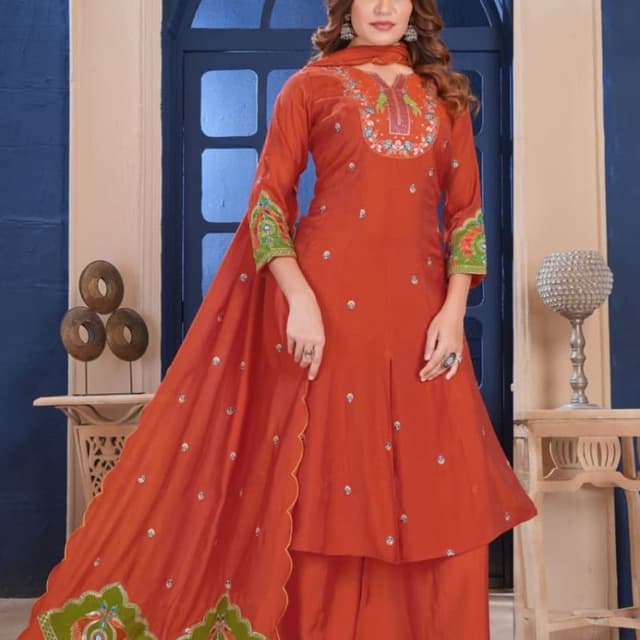 Orange, Green, White, Blue Kurta with Palazzo and Dupatta