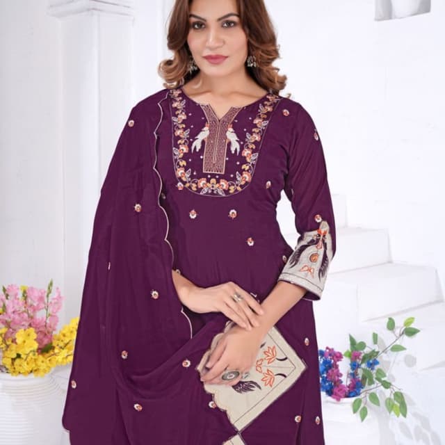 Deep Purple with Beige and Orange accents Kurti with Dupatta