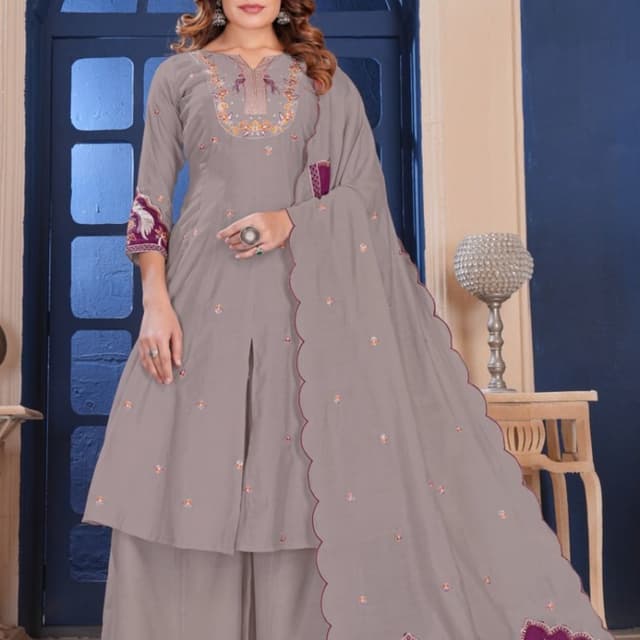Grey with purple and multicolored embroidery Kurta set with palazzo pants and dupatta