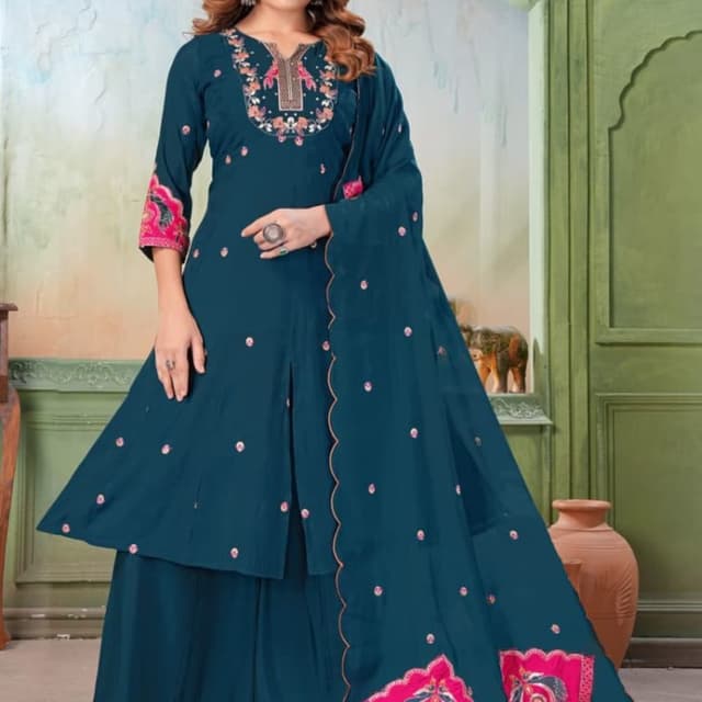 Teal, Pink, Gold Kurti with Palazzo and Dupatta