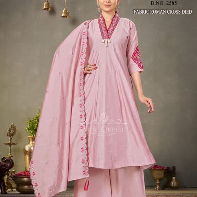 Light Pink with Red and White accents Anarkali Suit with Palazzo and Dupatta