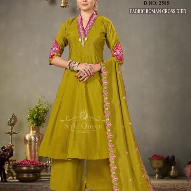 Olive Green, Pink, White Kurta Set with Palazzo and Dupatta