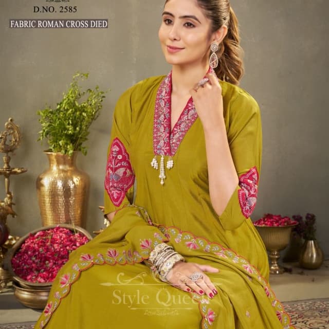 Olive Green with Pink and White Embroidery Kurta/Dress