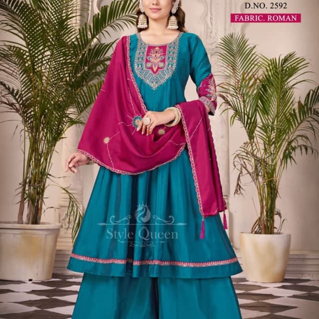 Teal blue with magenta pink accents Anarkali Kurta with Palazzo Pants and Dupatta