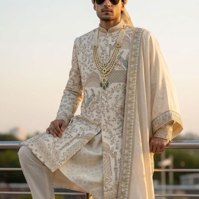 Cream, Beige, Gold, Green Sherwani, Turban, Necklace