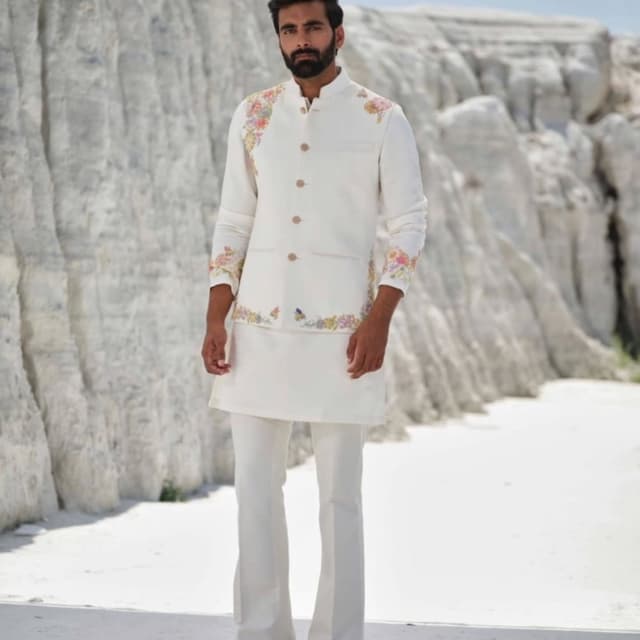 Off-white, Pastel floral accents (pink, yellow, green) Kurta with Nehru Jacket and Trousers