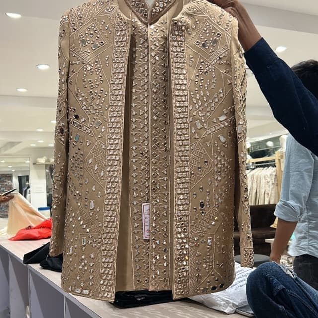 Beige, Gold, Silver Sherwani
