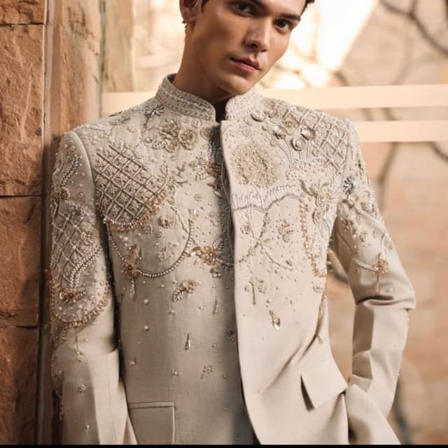 Beige, Gold, White Sherwani