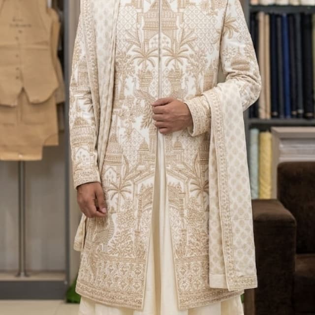 Off-white and Gold Sherwani and Turban