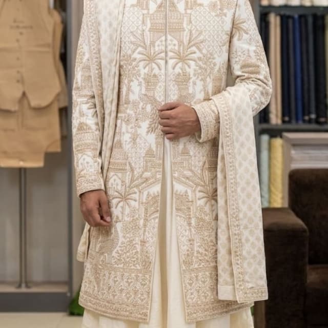 Off-white with gold embroidery Sherwani with Kurta and Pyjama