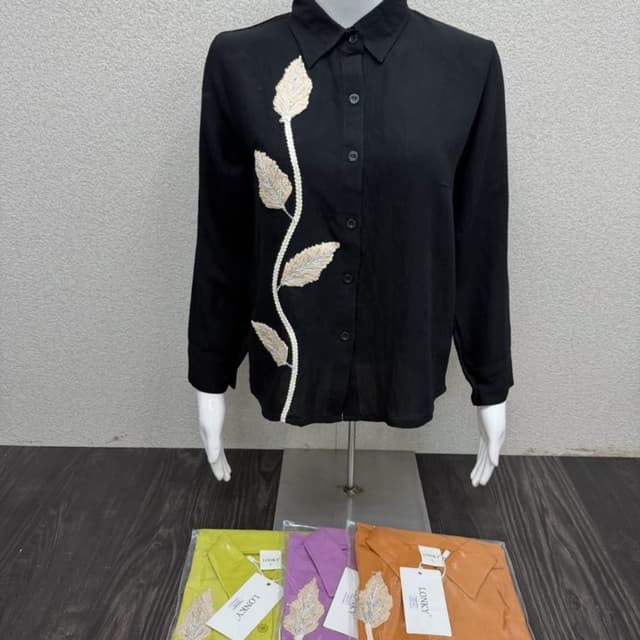 Black with white and beige embroidery Shirt