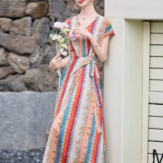 Multicolor (Orange, Blue, White, Red, Green) Dress