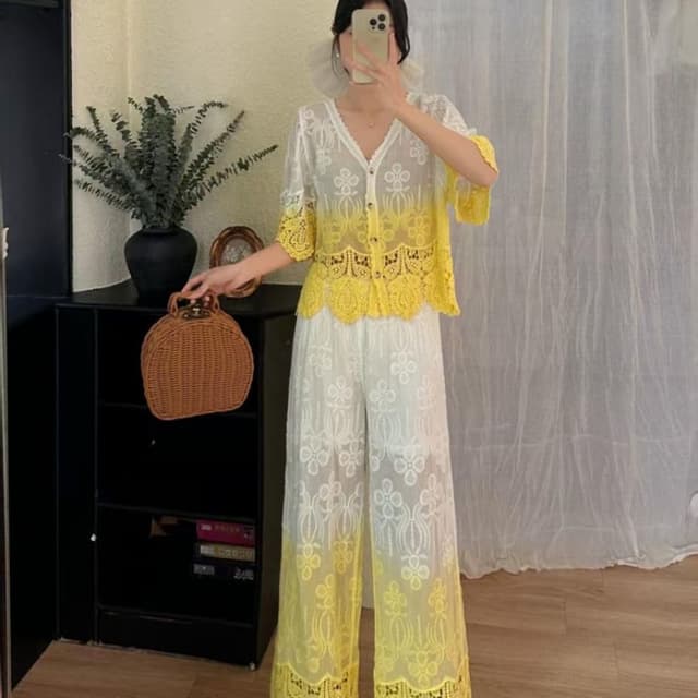 White and Yellow Ombre Two-piece Set (Top and Pants)