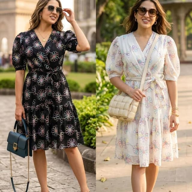 Black with multi-colored floral embroidery, White with multi-colored floral embroidery Dress