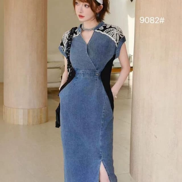 Blue denim with black panels and white lace detail Dress