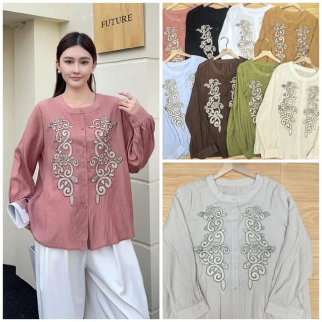 Rose Pink, Black, White, Tan, Light Blue, Brown, Olive Green, Cream Blouse, Top