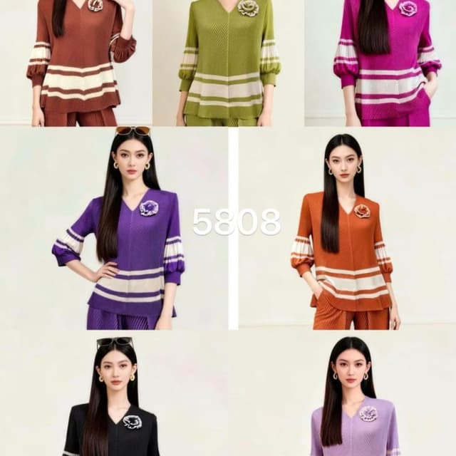 Multicolor (Reddish-brown, Olive green, Magenta, Purple, Orange, Black, Lavender), Cream/White stripes Top (Pleated V-neck top with puffed sleeves)