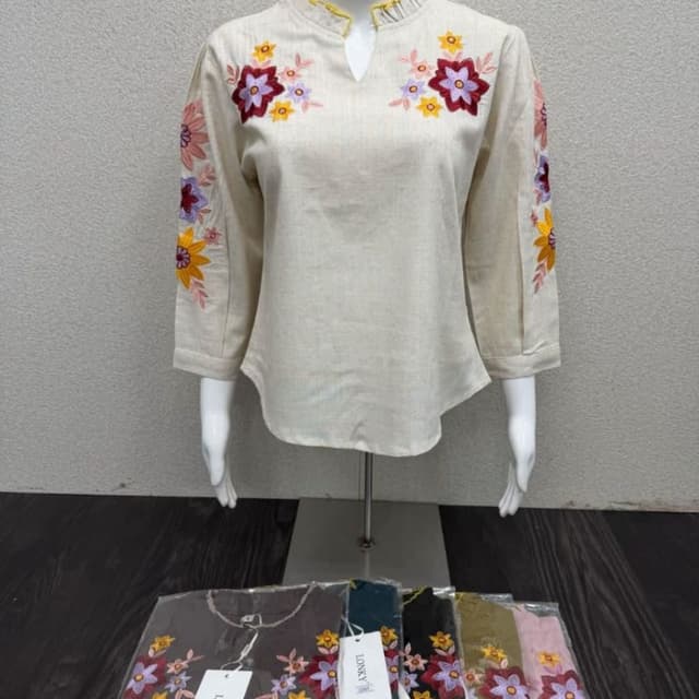 Cream with multicolor floral embroidery (red, purple, yellow, pink) Top