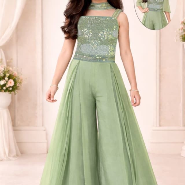 Light Green, Silver Jumpsuit with Palazzo Pants