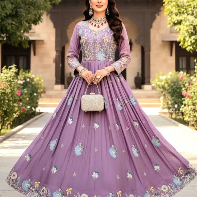 Lavender with blue and white floral embroidery Anarkali Dress