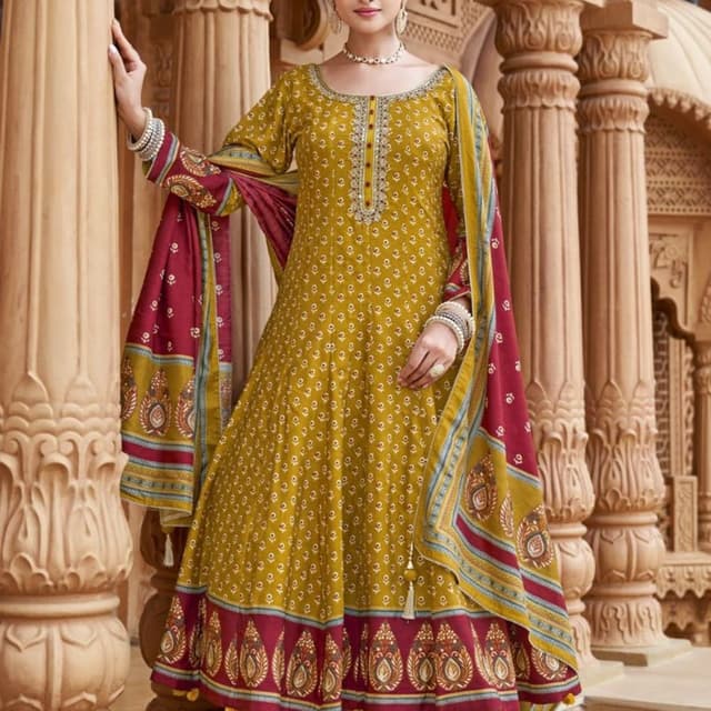 Mustard yellow, Maroon, Beige, Blue accents Anarkali Suit with Palazzo pants and Dupatta