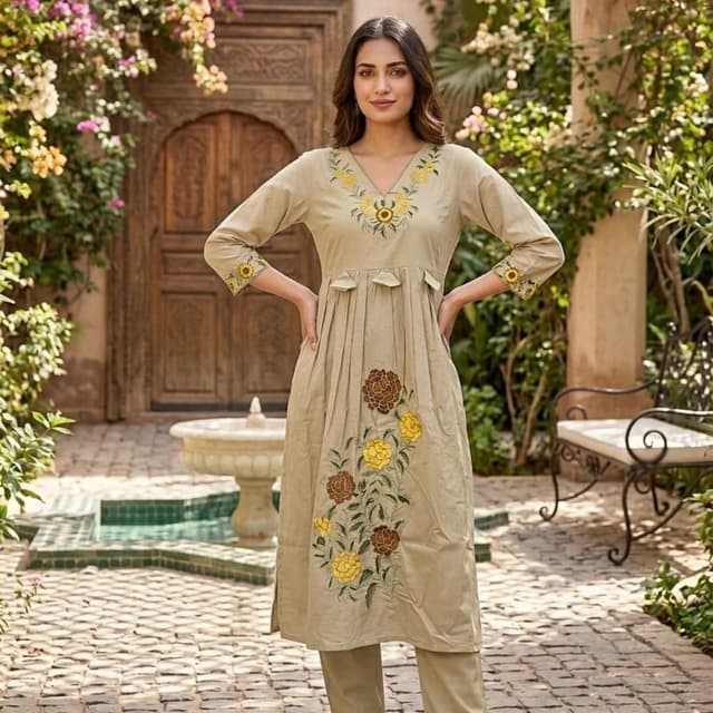 Beige, Yellow, Brown, Green Kurta and Pants Set