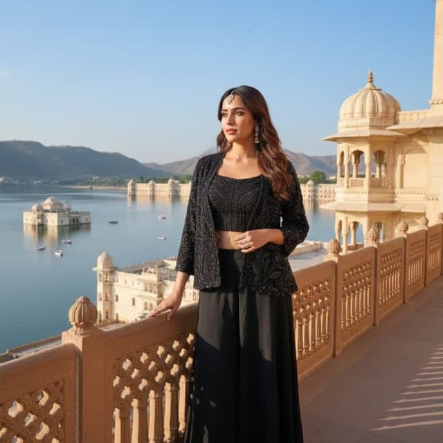 Black Jacket, Crop Top, Palazzo Pants
