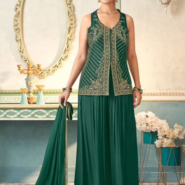 Deep Green with Gold Sharara Set with Jacket