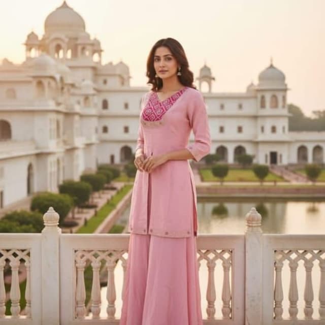 Pastel Pink, Pink and White Geometric Pattern Kurta and Palazzo Set