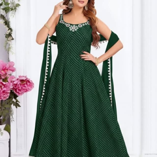 Deep Green with white pattern Anarkali Suit