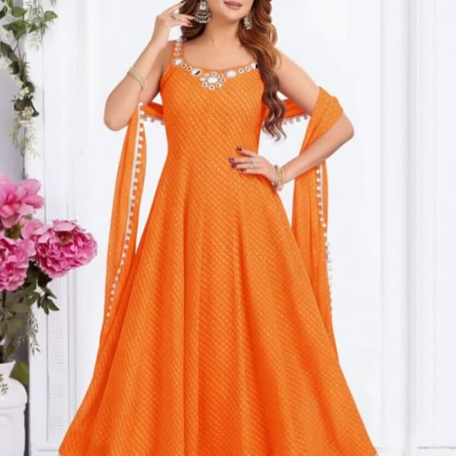 Bright Orange with silver accents Anarkali Suit Set (Kurta, Pants, Dupatta)