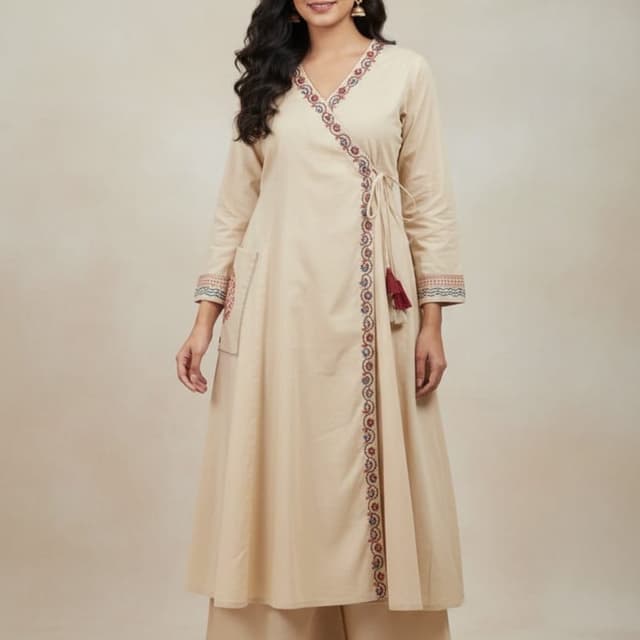Cream with Red and Blue embroidery Kurta with Palazzo