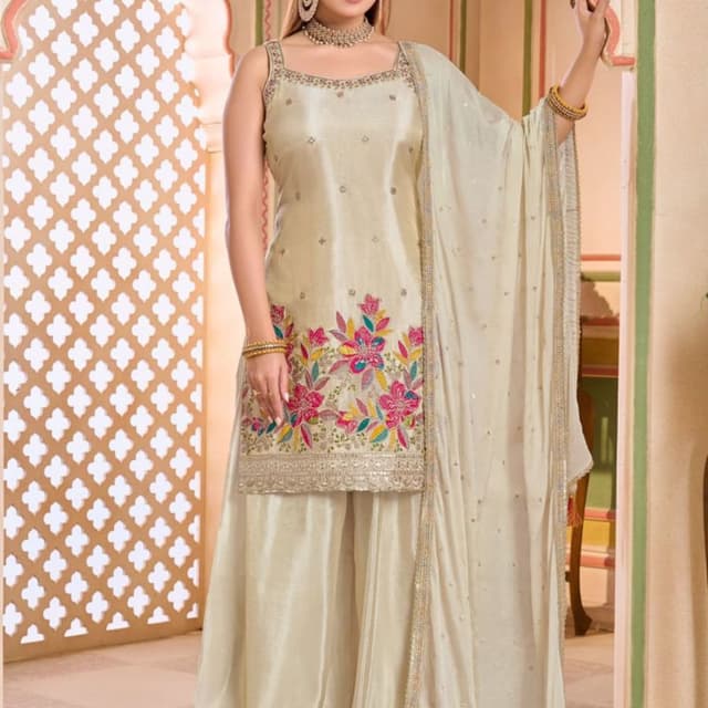 Cream, Multicolor floral embroidery (pink, yellow, green, blue) Sharara Suit