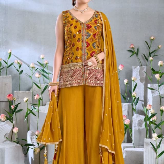 Mustard yellow with intricate multicolor embroidery in red, blue, and gold tones. Accents of silver and maroon. Sharara Suit