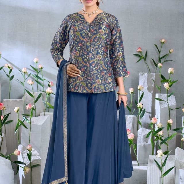 Navy blue with multicolor floral print Kurti with Palazzo and Dupatta
