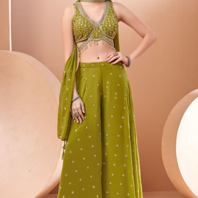 Olive Green with White/Silver Embellishments Palazzo Suit Set (Crop Top, Palazzo Pants, Scarf)